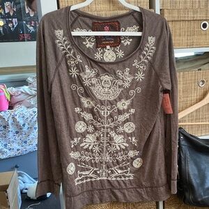 Johnny Was Purple Cream Embroidered 3/4 Sleeve Blouse